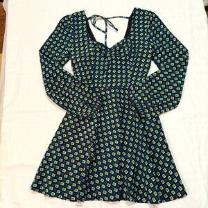 Band of the Free Brown Teal Geometric 70's Puff Sleeve Mini Dress NWT Size S